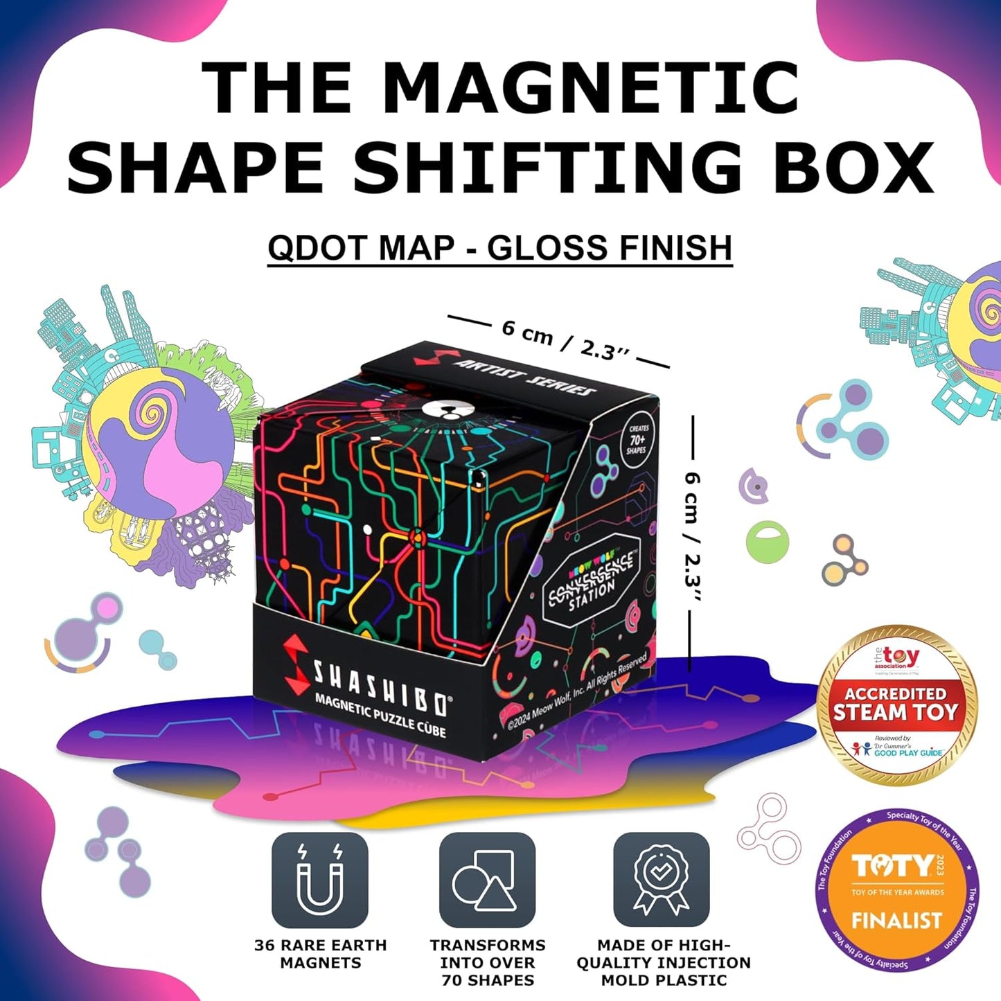 SHASHIBO Shape Shifting Box - Award-Winning Fidget Toy w/ 36 Rare Earth Magnets - Fidget Cube Transforms Into Over 70 Shapes, Sensory Toy Gift for Kids, Teens, and Adults (QDOT Map)