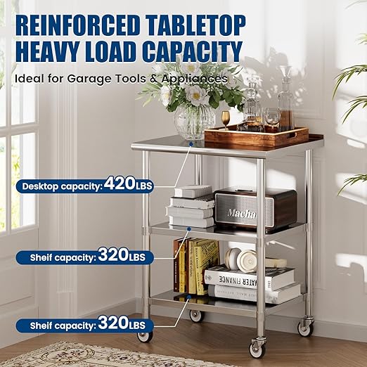 Stainless Steel Work Table with Wheels, 24x30 Inch NSF Food Prep Table with Backsplash & 2 Adjustable Undershelves for Commercial Kitchen, Restaurant, Garage