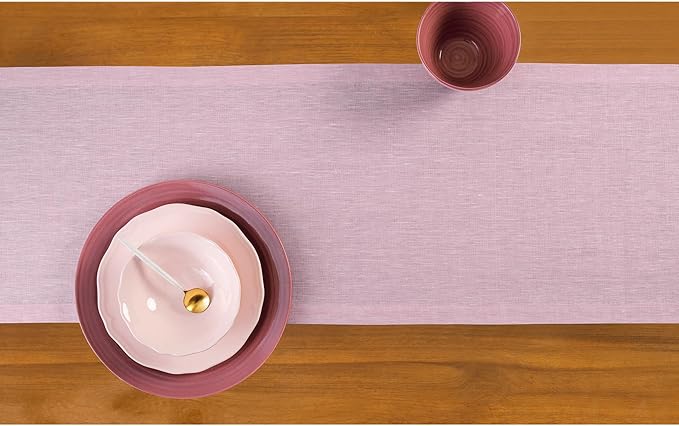 Solino Home Linen Short Table Runner 48 Inches - Athena, 100% Pure Linen Bubblegum Pink Table Runner 14 x 48 Inch Ideal for Dresser and Coffee Tables - Valentines, Spring, Easter