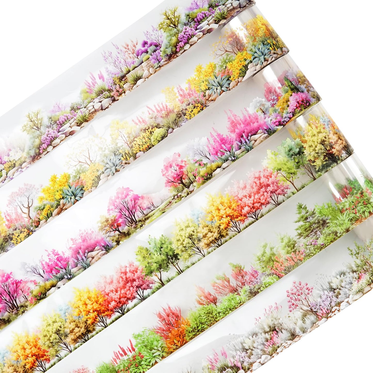 6 Rolls Transparent Floral and Botanical PET Tape Set, Landscape Stickers for Journaling, Scrapbooking, and DIY Crafts, with Decorative Clip