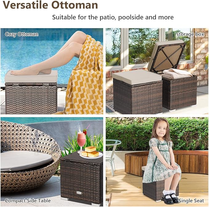 Tangkula 2 Pieces Patio Ottomans, Patiojoy Hand-Woven PE Rattan Side Table with Removable Cushion & Hidden Storage Space, Multifunctional Storage Box, Seat for Patio, Backyard, Poolside (Beige)