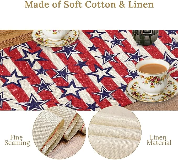 4th of July Table Runner, Vintage American Independence Day Stripes and Stars Patriotic Table Center Decor for Home Kitchen Dining Party Outdoor Holiday 13x70in