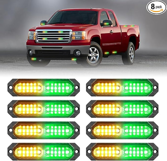 HLauto 1200T Emergency Strobe Grille Lights: 8pcs 12 LED Sync Feature Safety Warning Flashing Lights, Ultra Slim Surface Mount Hazard Caution Lights for Trucks, Vehicles, Car, ATV, UTV (Amber Green)