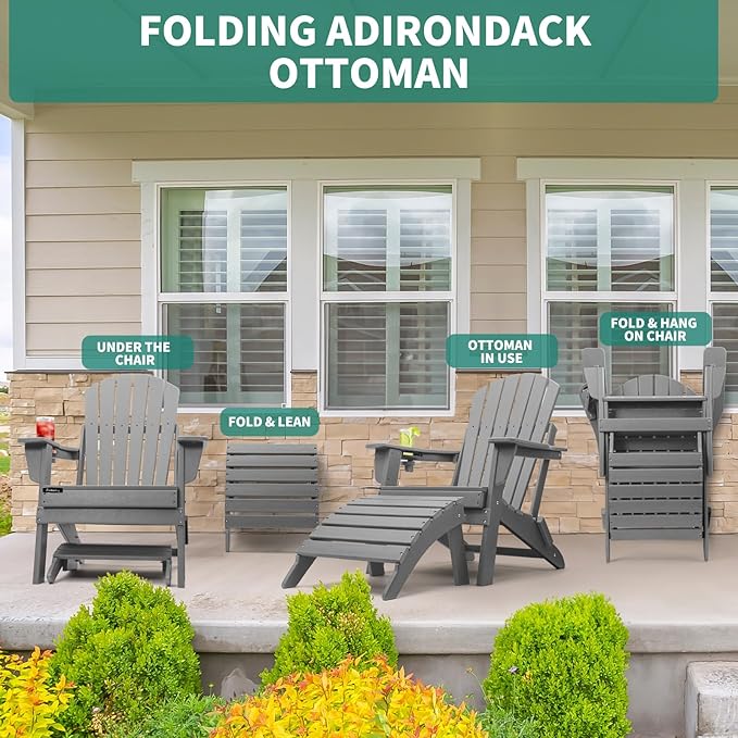 FUNBERRY Folding Adirondack Ottoman, HDPE All Weather Outdoor Foot Rest, Easy Storage Patio Footstool, Ottomans and Footstools for Outside