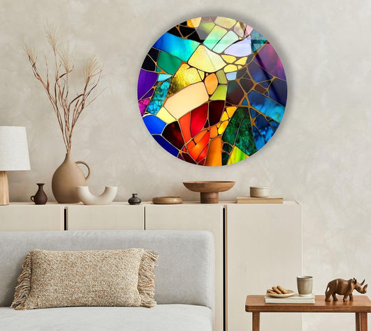 My Photostation.com 39,4''(100cm) Diameter Multicolor Round Stained Glass Wall Art Vibrant Mosaic Abstract Panel Tempered Glass Printing Wall Decor Large Wall Art Wall Hangings