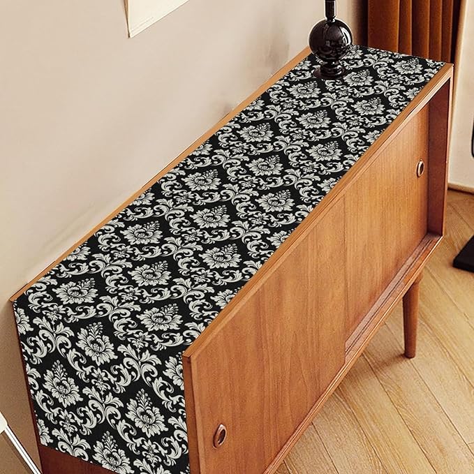 Black Damask Table Runner, Rustic Gothic Baroque Style Floral Boho Flower Antique Coffee Vintage Retro Table Center Decor for Kitchen and Dining Outdoor Home Country Party Table Decorations, 13"x90"