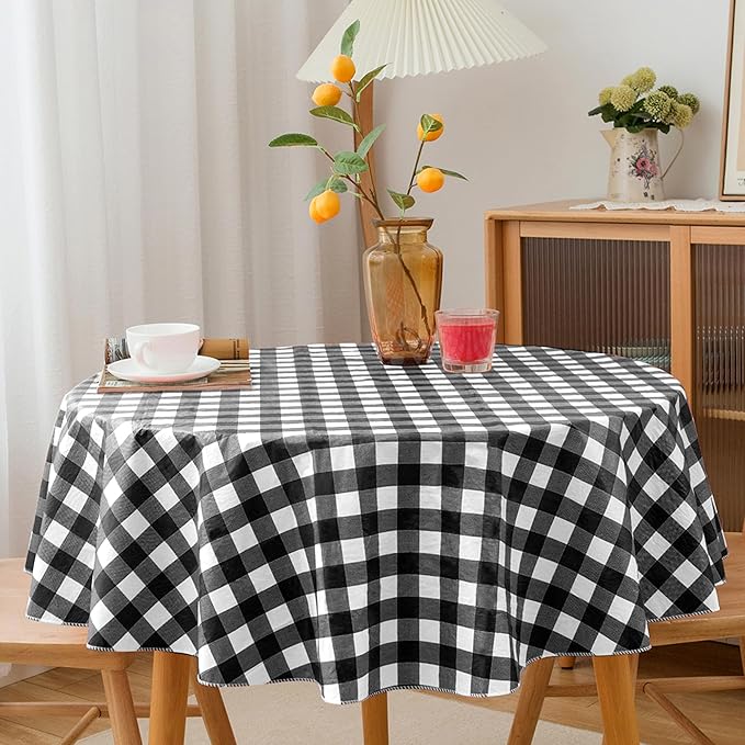 Nasitos 2 Pack Checkered Round Tablecloth 60 Inch-Waterproof Oil & Spill Proof Washable Wipeable Table Cloth, Black and White Plastic Table Cover Flannel Backed for Dining, Party, Outdoor, Picnic
