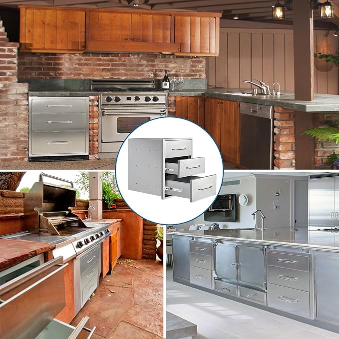 Outdoor Kitchen Drawers 16"Wx21"Hx23"D Flush Mount Access 3-Drawer BBQ Stainless Steel Drawers with Handle for Outdoor Kitchen Island or Grill Station