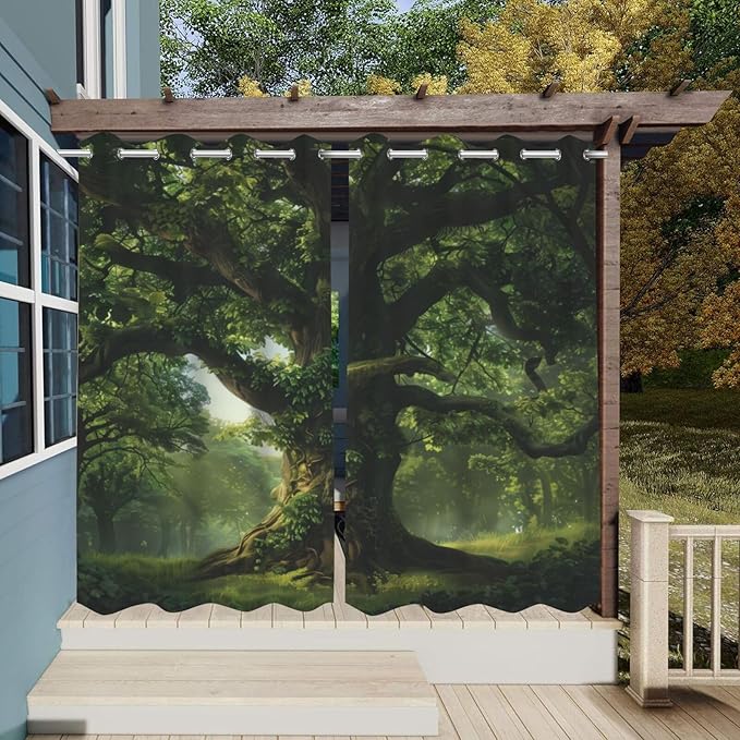 Nature Theme Waterproof Outdoor Curtains for Patio,Forest Pattern,Weatherproof Outside Curtain for Cabana, Porch, Pergola and Gazebo,2 Panels,36 x 84 inch,Green