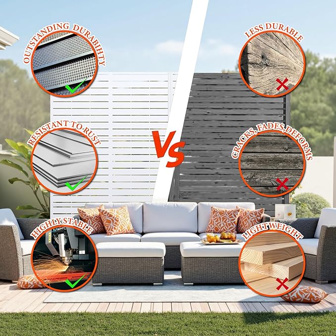 GarveeLife Metal Privacy Screen 72" h x 47" w, Outdoor Privacy Screens and Panels, Freestanding Decorative Fence for Patio Lawn Garden Deck Balcony, 3-Panel with Stand for Outdoor & Indoor Use