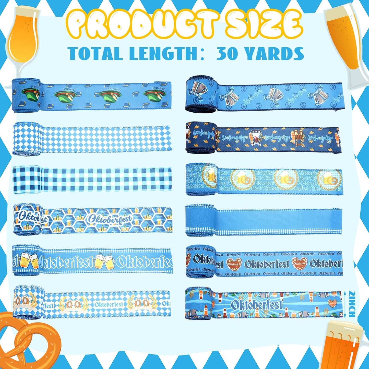 12 Rolls Oktoberfest Wired Edge Ribbon for Wreaths 2.5 Inch x 30 Yards Blue and White Print Grosgrain Ribbon Bavarian German Beer Crafts for Oktoberfest Party Decorative Supplies, 12 Styles