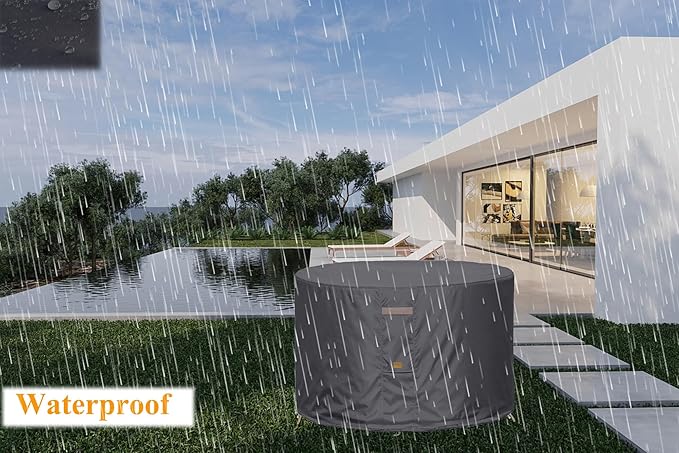 Fire Pit Cover 600D Heavy Duty Waterproof Fabric With PVC Coating Round 28" Dia x 16" H Dark Grey Fits 22-26 inch Fire Pit Table Fade Resistant Outdoor Firepit Cover