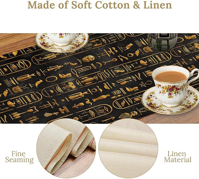Egyptian Table Runner, Retro Egypt Mythology African Hieroglyphics Alphabet Murals Black Pattern Table Runner for Family Kitchen Coffee Dining Farmhouse Party 13x120in