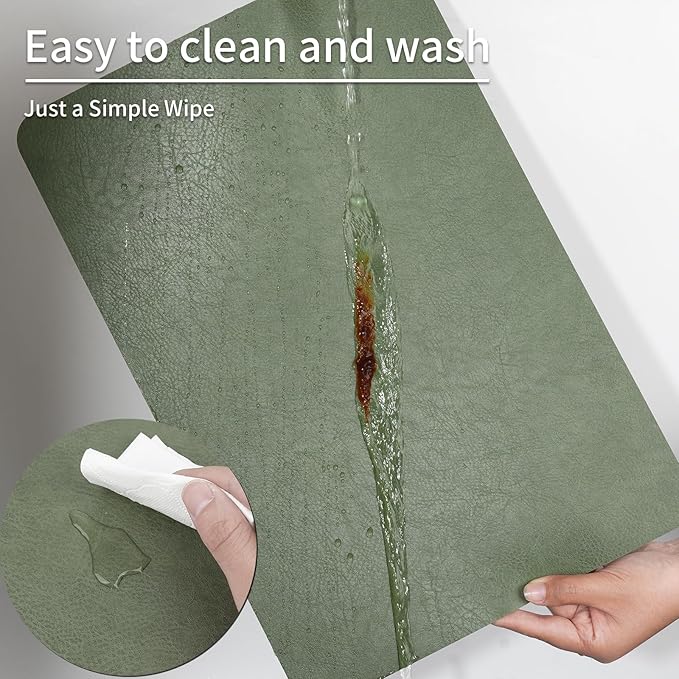 Cowhide Pattern Faux Leather Placemats Set of 6,Heat Resistant Non-Slip Waterproof Wipeable Washable Kitchen Dining PU Table Place Mats,Double-Sides Available,Green Brown