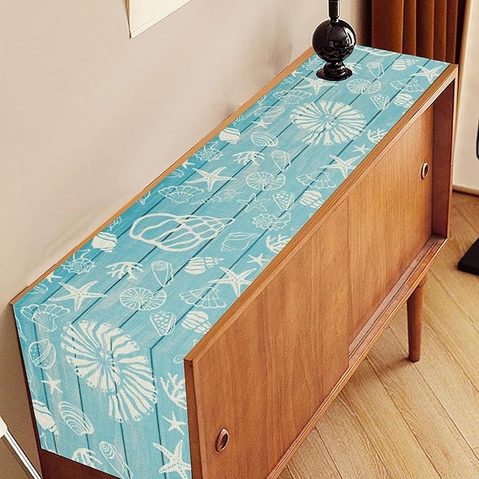 Beach Starfish Table Runner, Blue Wooden Nautical Coastal Ocean Seashell Teal Print Summer Vintage Coffee Table Center Decor for Family Holiday Party Kitchen Farmhouse Table Decorations, 13" X 108"