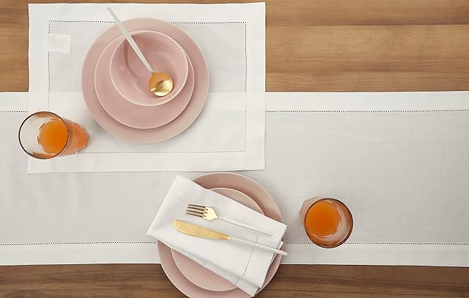 Solino Home White Table Runner 60 Inches - Cotton Linen Hemstitch Coffee Table Runner 14 x 60 Inch Ideal for Dresser Tables - Winter, Valentines, Spring, Easter