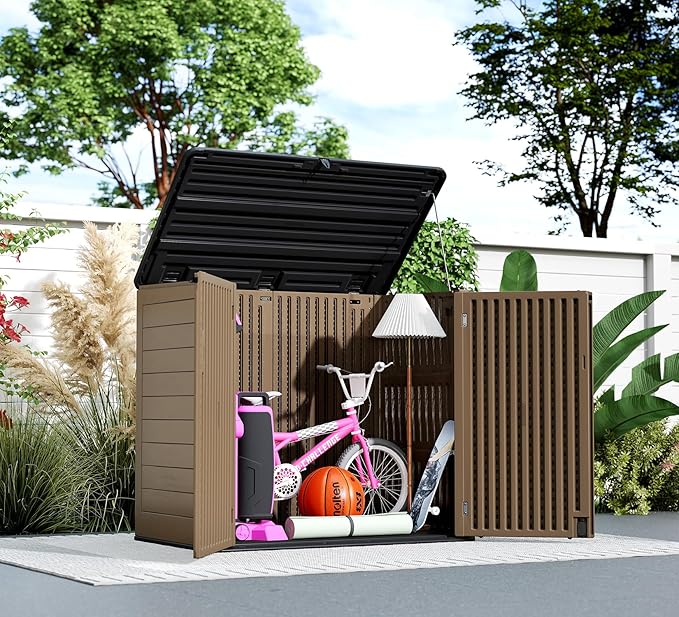 HOMSPARK Storage Shed Weather Resistance, Multi-Purpose Outdoor Storage Cabinet for Backyards and Patios, Horizontal Storage Shed for Lawnmower, Patio Accessories (Brown, X Large - 48 cu.ft)