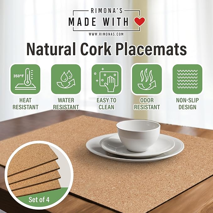 RIMONA'S Heat Resistant Cork Placemats Set of 4 - Natural Fine Cork, Waterproof, Heat Proof Table Protector, Non-Slip, Ideal for Gifting, Mother-in-Law Gift, All-Natural Hard Placemats