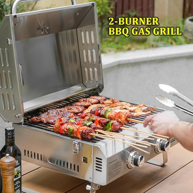 Tabletop Gas Grill 2 Burners, 20" Portable Propane Grill with Foldable Legs for Outdoor Patio Backyard Camping Tailgating RV Trip Beach, Stainless Steel Gas Stove 16000BTU, GS322
