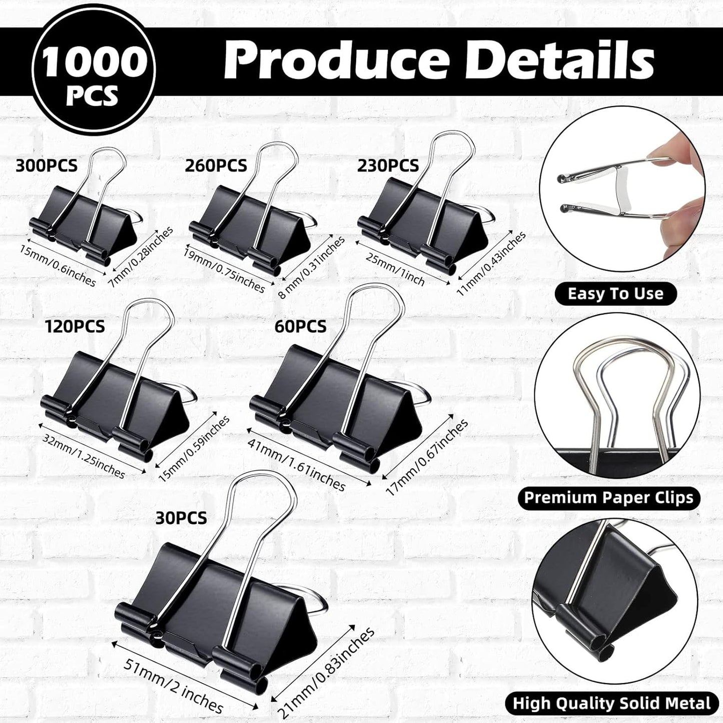 Yexiya 1000 Pcs Binder Clips Bulk Assorted Sizes Black Paper Clips Small Binder Clips Office Clips Bulk Mini Paper Clamps Multi Sizes for School Teachers Office Supplies (Multi Sizes)