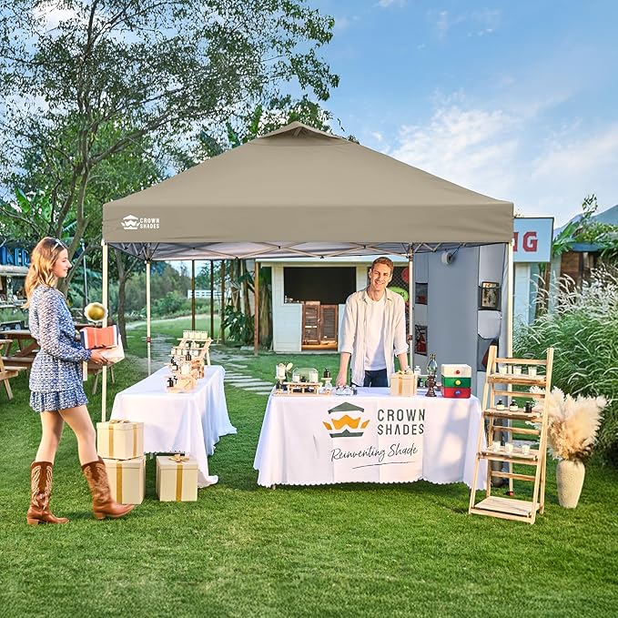 CROWN SHADES Canopy Tent 10x10 Pop Up Canopy Outdoor Shade with Pockets Sidewall, Easy Up Sun Shelter with One Person Set Up Center Lock, Portable Instant Camping Beach Canopy Tents, Beige