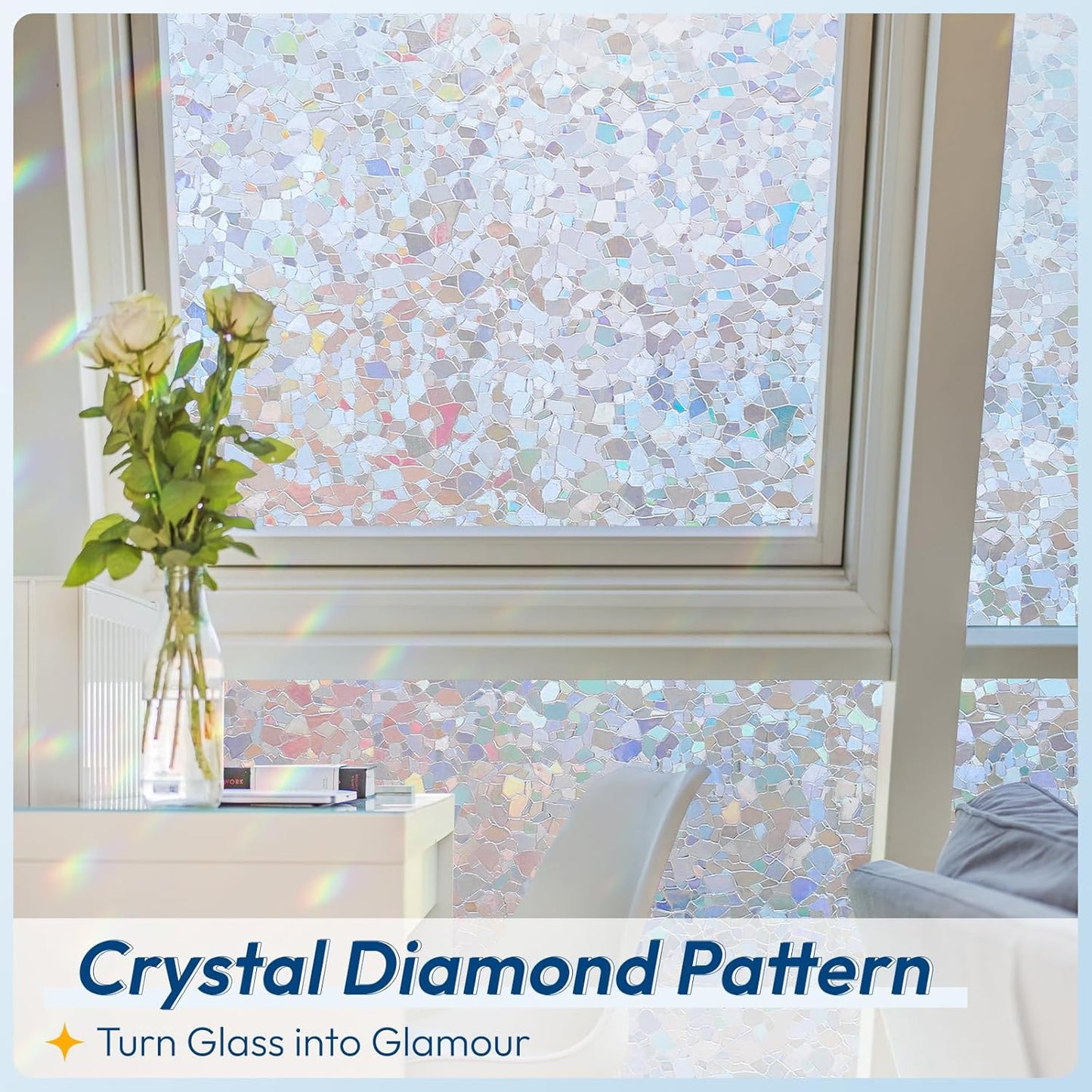 rabbitgoo Rainbow Window Privacy Film Decorative Stained Glass Diamond Pattern Window Sticker with Iridescent Tint Non-Adhesive Static Cling for Home Office Crystal Pattern, 35.4 x 118.1 inch