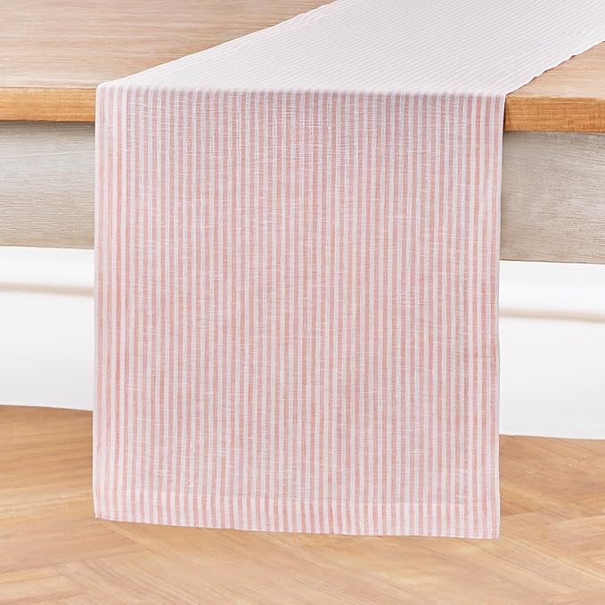 Solino Home Linen Table Runner 48 Inches - Narrow Stripe 100% Pure Linen Peach and White Farmhouse Table Runner 14 x 48 Inch Ideal for Dresser and Coffee Tables, Valentines, Spring, Easter