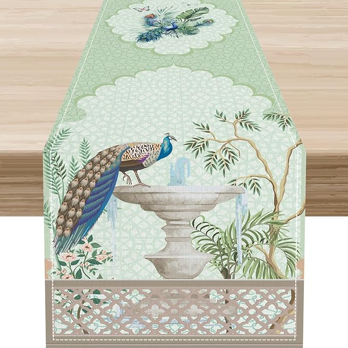 Blue Peacock Table Runner,Vintage Rustic Fountain Tropical Plant Peacock Feather Green Table Center Decor for Family Kitchen and Living Room Outdoor Farmhouse Party Table Decorations, 13"x90"