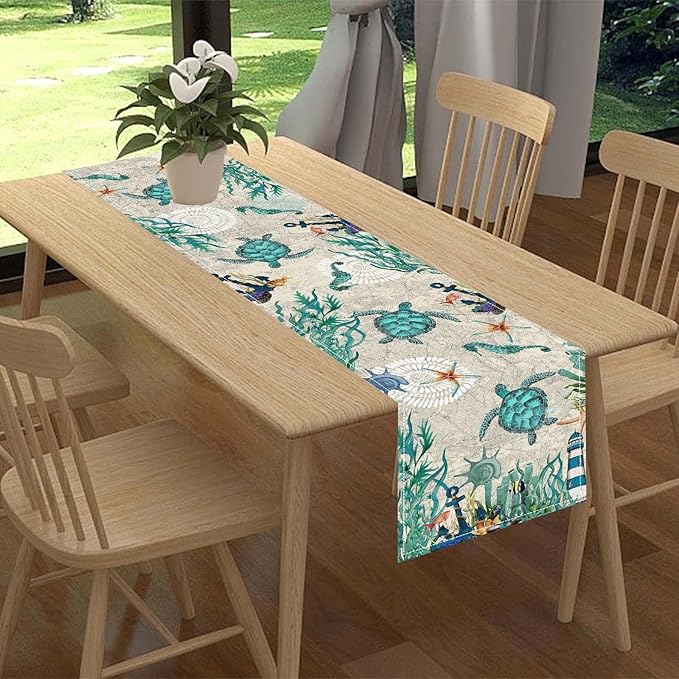Sea Turtle Table Runner, Summer Coastal Starfish Seahorse Seashells Coastal Nautical Tropical Ocean Rustic Farmhouse Table Center Decor for Home Kitchen Dining Patio Indoor Outdoor, 13"x36" Inch