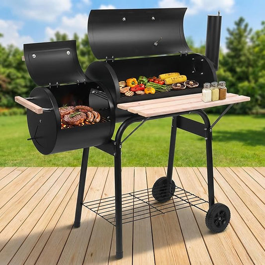 44" Charcoal Grill Offset Smoker, Outdoor BBQ Smoker with Side Fire Box, High-Temp Paint Charcoal Furnace with Thermometer, Wooden Shelf & 2 Wheels for Backyard Cooking, Camping, Picnic, Black