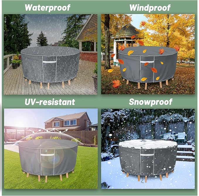 Gasadar Round Patio Table Cover Waterproof, Outdoor Furniture Covers for Round Table Set, 600D Heavy Duty, 96" Dia x 28" H, Grey