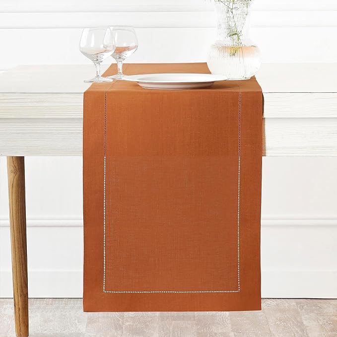 D'Moksha Homes Linen Rust Table Runner 48 Inches - Classic Hemstitch, 100% Pure Linen Coffee Table Runner 14 x 48 Inch Ideal for Dresser Tables - Spring, Easter