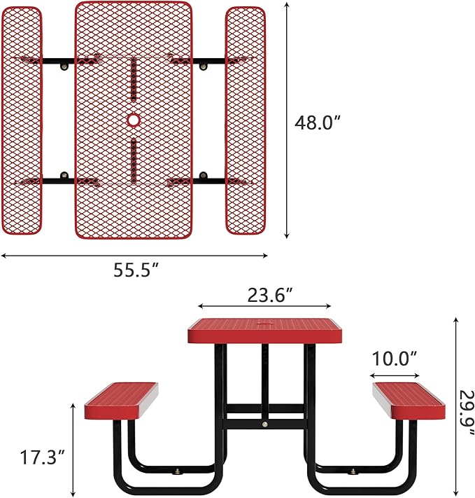 48'' Rectangular Metal Picnic Table for Outdoors,Heavy-Duty Portable Commercial Picnic Tables Bench Set with Umbrella Hole,School Canteen Table W/Seats - Patio Dining Furniture for Patio Garden
