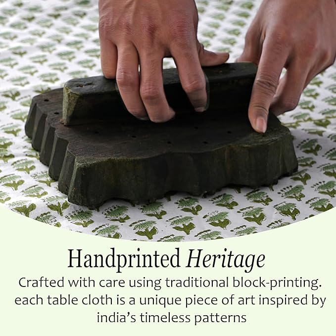 CPC Tablecloth 100% Cotton 70x108 Inch Indian Block Print Rectangle Table Cover, Green Table Cloth for Weddings, Spring/Summer, Barbeque - Emerald Green