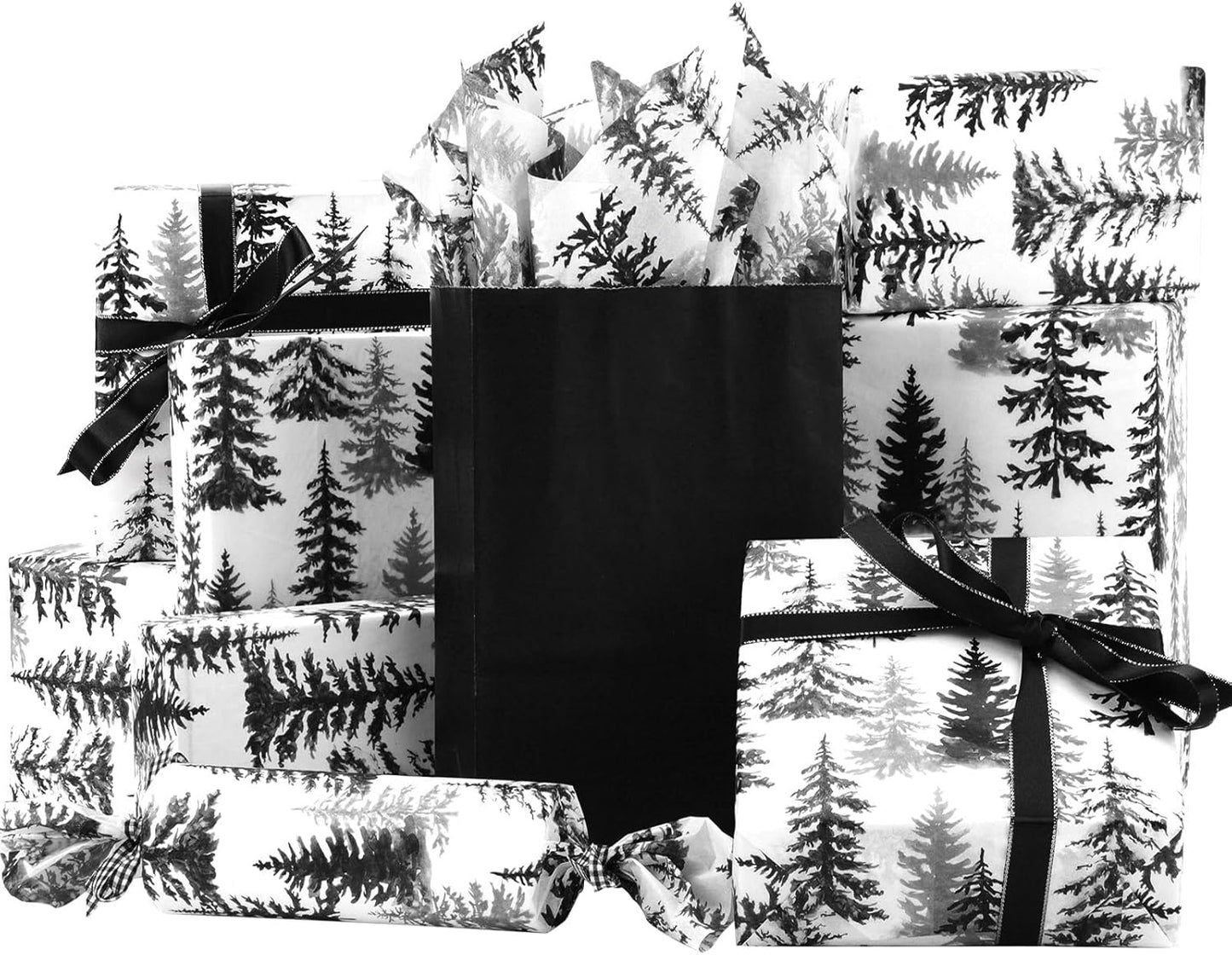 100 Sheets Christmas Tree Tissue Paper, 20x14in Forest Style Wrapping Tissue Watercolor Xmas Tree Art Tissue for Xmas Party Gift Bag Fillers Winter Party Decor (Black)