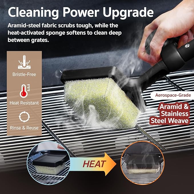 GASPRO Steam Grill Brush Bristle Free for Outdoor Grill, BBQ Grill Cleaning Brush with Replaceable Scrub Sponge Head & Scraper, Ergonomic Handle, Safe for Stainless Steel, Cast Iron & Porcelain Grate