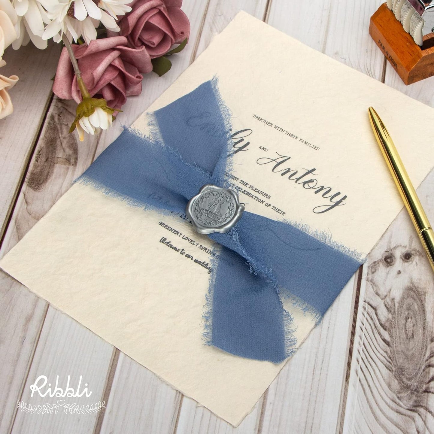 Ribbli Dusty Blue Chiffon Ribbon - 1-1/2 inch x 30 Yard Handmade Fringe Silk Ribbon for Wedding Invitations, Bridal Bouquets, Flower Arrangements