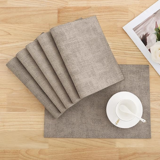 Homaxy Faux Leather Heat Resistant Placemats for Dining Table Set of 6, Waterproof Wipeable Washable PU Table Mats, Easy to Clean Anti-Slip Place Mats, 11.8" x 17", Light Brown