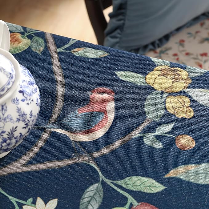 Linen Table Cloth Rectangle,Wrinkle Resistant French Blue Tablecloth Print with Froal,Decor Stitch Table Cloth for Thanksgiving,Dining Room,Home,Kitchen 63" × 110"-DeweyA Blue