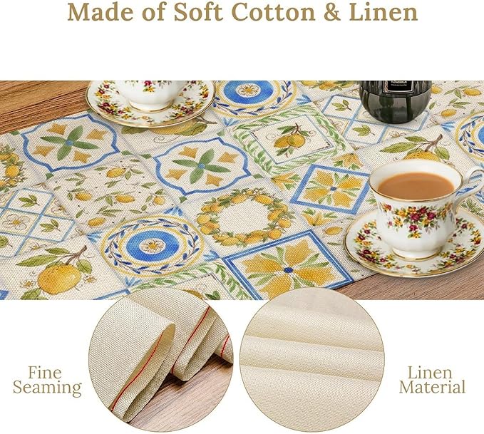 Yellow Lemon Summer Table Runner, Watercolor Spring Yellow and Blue Flower Hawaiian Style Table Runner for Holiday Party Home Kitchen Dining Table, 13x36inch
