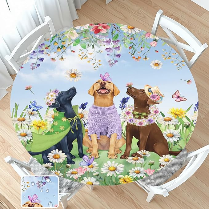 Spring Dogs Round Fitted Tablecloth with Elastic Colorful Floral Farmhouse Easter Circle Table Cloth for 44-48" Tables Wipeable Waterproof Outdoor Wildflowers Puppy Table Cover for Party Picnic Dining