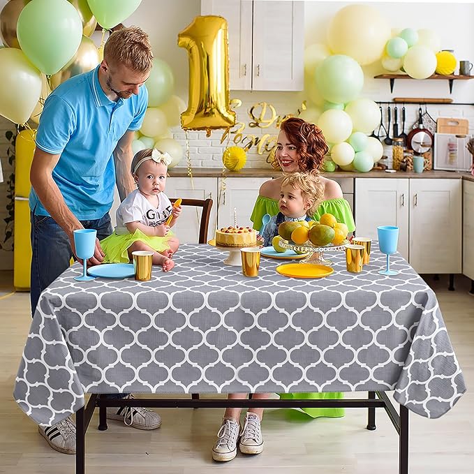 Nasitos 2 Pack Plastic Vinyl Tablecloth with Flannel Backed 60x102 Inch Moroccan Grey