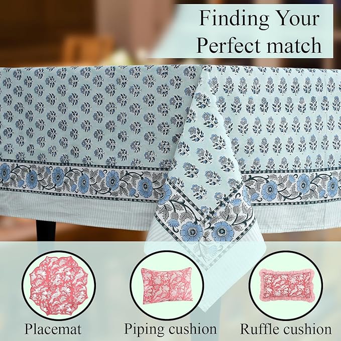 CPC Tablecloth 100% Cotton 72x140 Inch Indian Block Print Rectangle Table Cover, Washable Table Cloth for Weddings, Spring/Summer, Barbeque - Poppy Blue