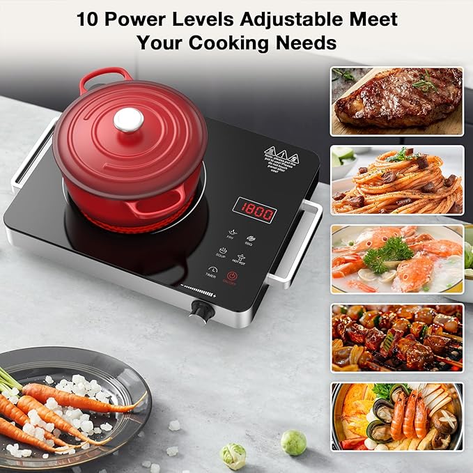 Portable Electric Cooktop 110V, 1800W Electric Stove Infrared Hot Plate with Knob Control, Nafewin Single Burner Countertop Burner with Handle, 4-Hours Timing Setting, Compatible for All Cookwares