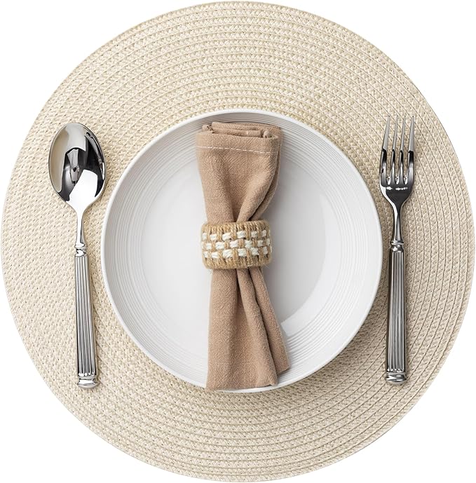 Round Placemats Set of 6 Plastic Woven Placemats Washable Wipeable Table Mats for Dining Table Heat Resistant Non-Slip Circle Place Mats (Beige)