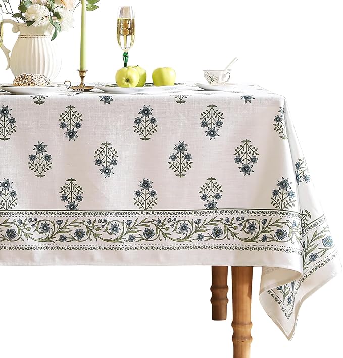 ISAENNE Designer White Linen Extra Long Tablecloth Rectangle,Chinoiserie Floral Elegant Indoor Table Cloth,Fall Stain Proof Decor Tablecloths for Dining Thanksgiving Kitchen,67"*118"-Mosella F