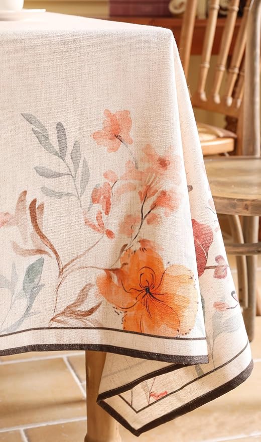Linen Rectangle Tablecloth,French Vintage Pink Floral Pattern Wrinkle Free Table Cloth,Decorative Table Cover for Kitchen,Dining,Tea Party,Thanksgiving,Christmas,55"*79"-Sloosa