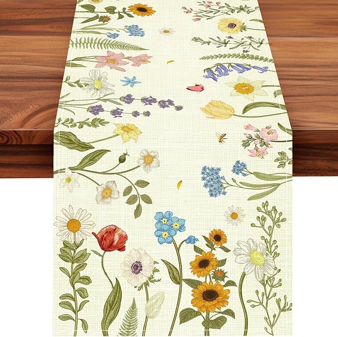 Summer Flower and Leaf Table Runner Seasonal Holiday Anniversary Indoor Outdoor Home Kitchen Table Party Decor (Colorful Flowers 4, 13×72 Inches)