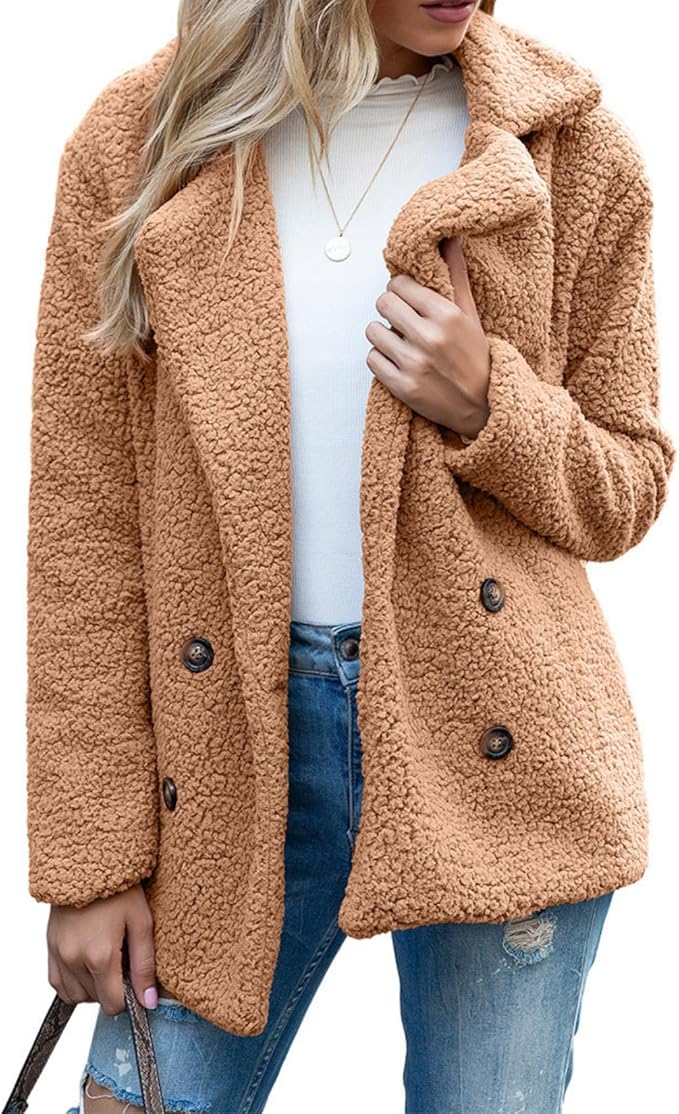 Women's Winter Warm Plush Cardigan Fuzzy Fleece Lapel Jacket with Buttons Pockets Long Sleeve Casual Outerwear