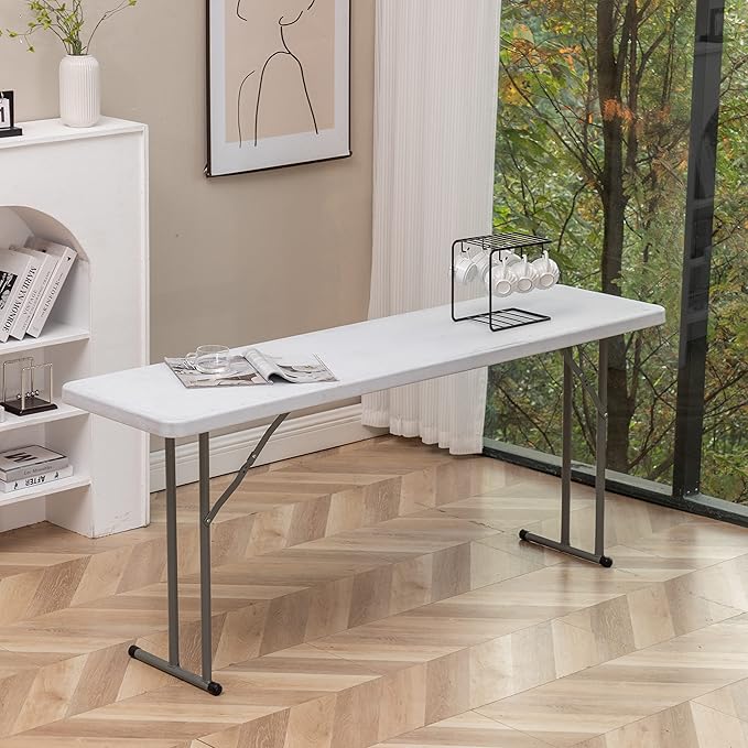 BTEXPERT 6-Foot - 72" Long White Plastic Folding Seminar Training Table Portable 18" Wide Narrow, 29" High, Events Indoor Outdoor Lightweight Set of 10